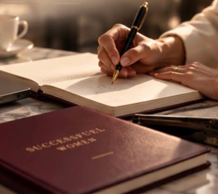 Une main prend des notes dans un carnet, à côté d'un livre bordeaux Successfuel Women