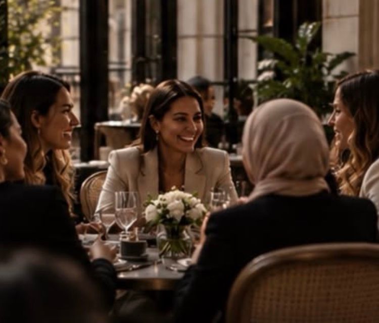 Des femmes en conversation, souriantes, autour d'une table fleurie